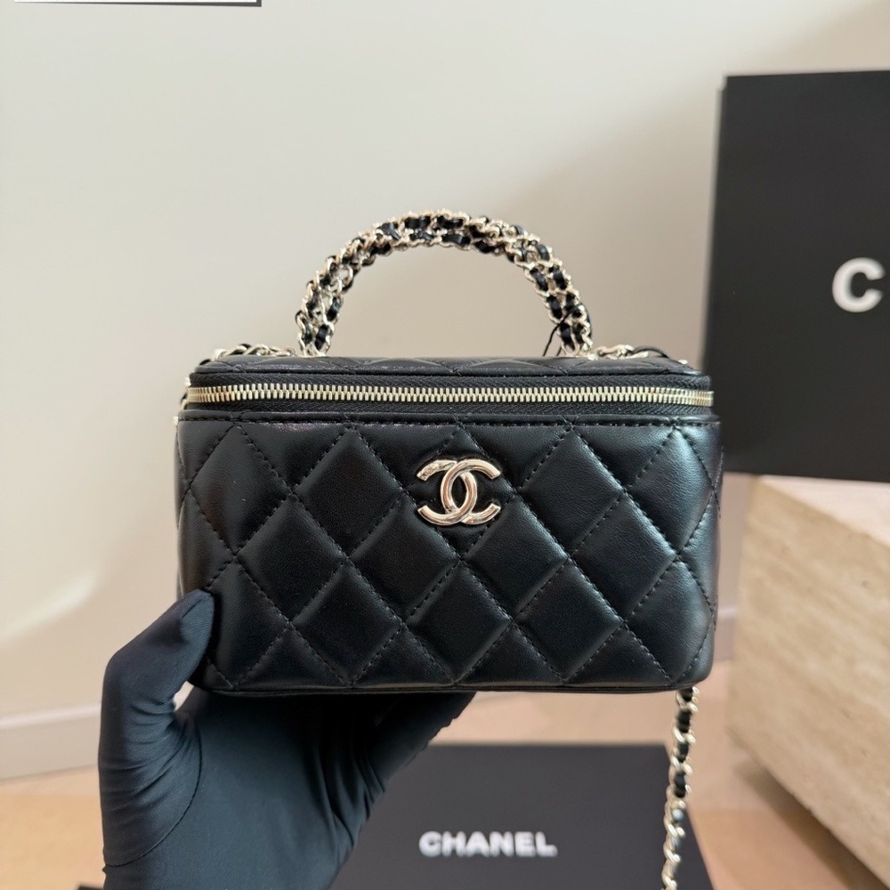 CHANEL Black Quilted Vanity Top-Handle Bag with Gold Hardware